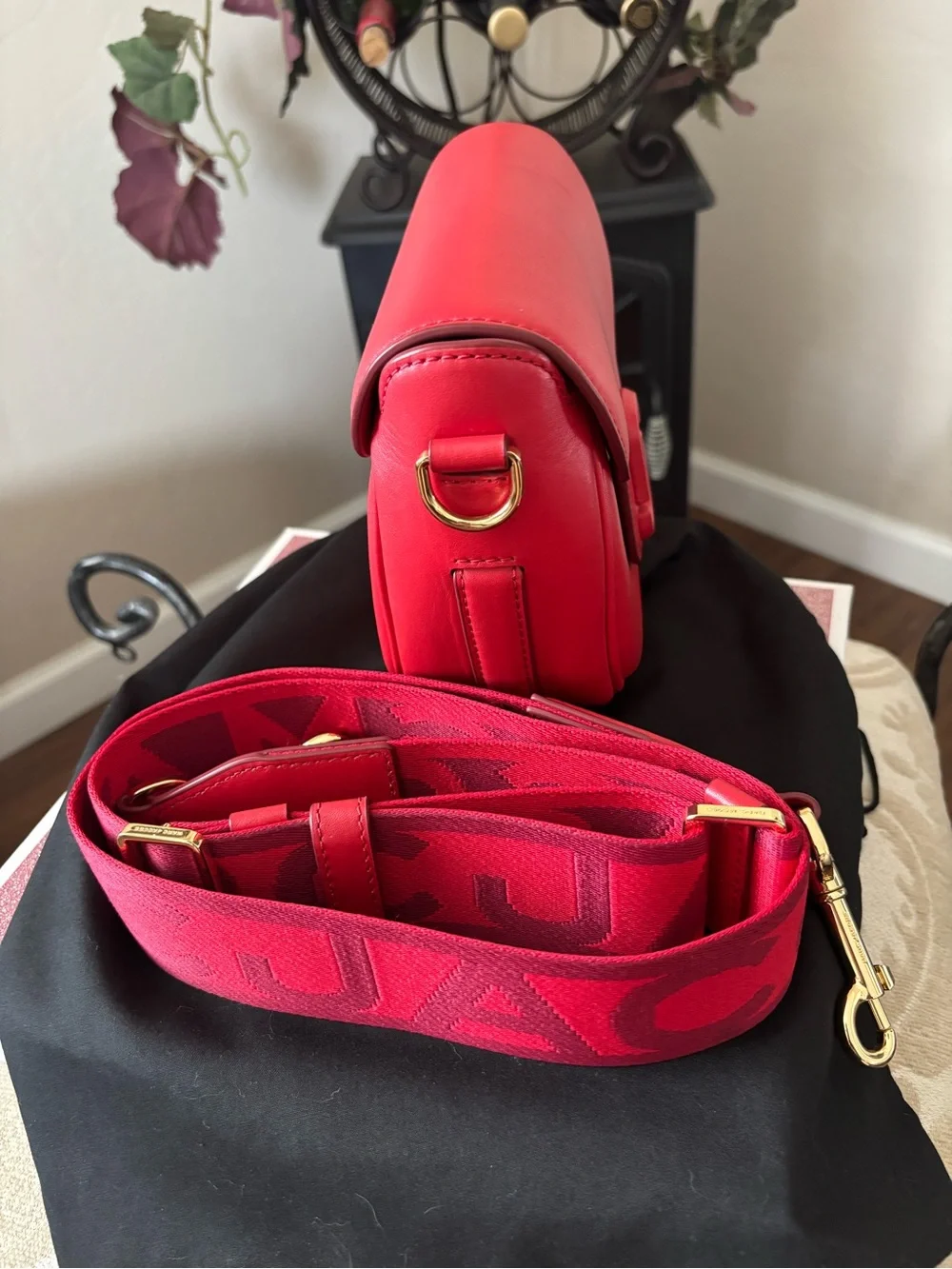 Marc Jacobs Bright Red Crossbody Saddle Bag with Logo Strap